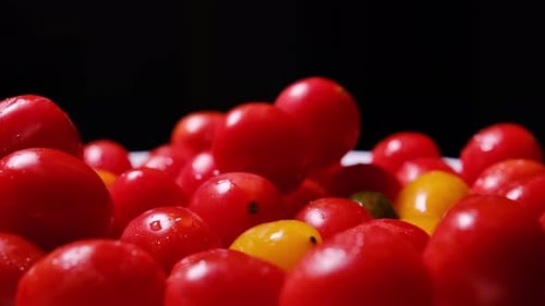 Vidéo macro en gros plan de tomates cerises rouges et jaunes fraîches sur fond sombre