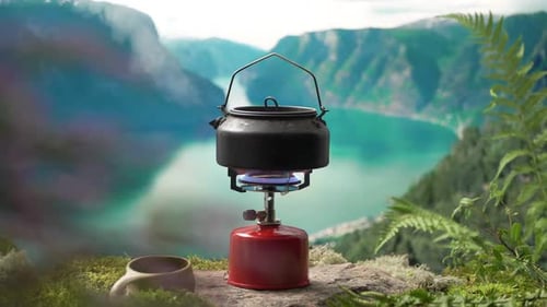 Outdoor Kettle Boiling with Mountain View