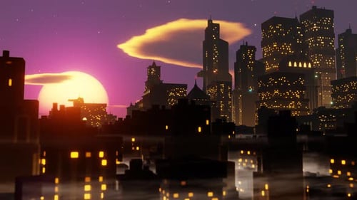Retro Futuristic Grim City in the Sunset with Fog Seamless Loop