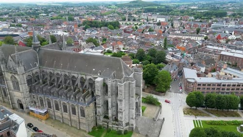 Aerial view of Sainte-Waudru Collegiate Church, Belgium.