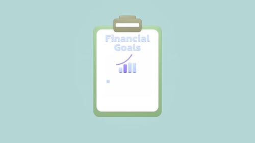 Animated financial goals list with money cash, coin and debit card.