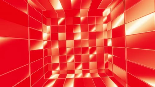 Red psychedelic space of sparkling square segments as a looping disco background 3d render. Vj