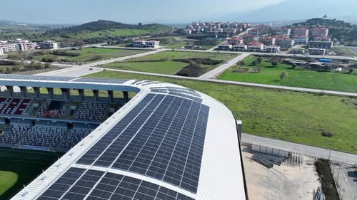 Aerial view of Tire Stadium, the first football stadium in Turkey that produces its own electricity