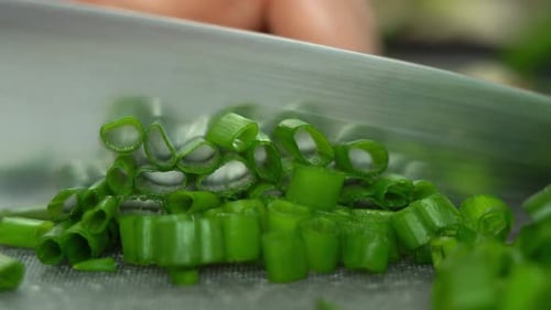 Close Up of Hands Cut Green Onions with Kitchen Knife Cooking Food with Greens