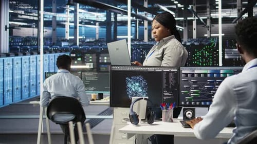 Portrait of Joyous Server Hub Technician Using AI Visualization Insights