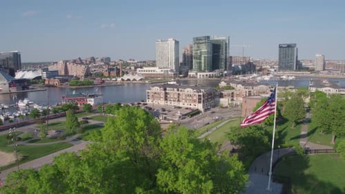 Aerial View of Baltimore Harbor and American Flag