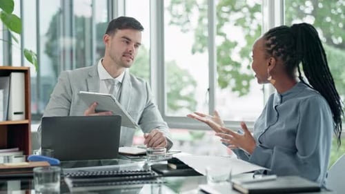 Tablet, teamwork and mentor with business people in office for feedback, idea and training