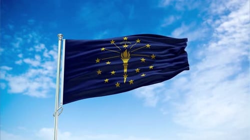 Indiana State Flag Waving Realistically in Blue Sky