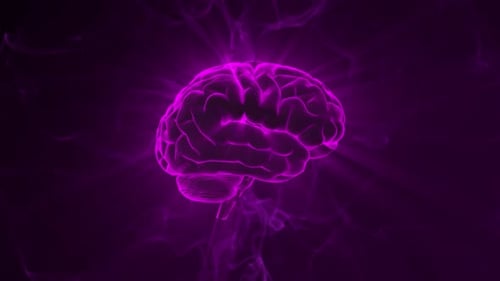 Looped animation of human brain spinning with smoke waves on a background