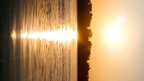 Sunset Behind The Trees On The Opposite Bank Of The River. Vertical video