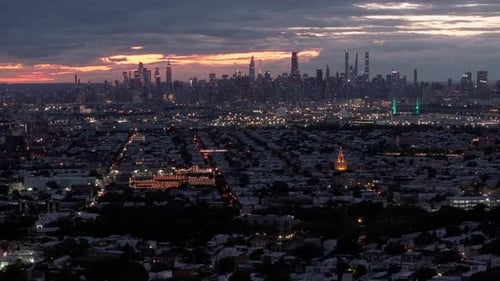 Aerial view of the New York City skyline at sunset