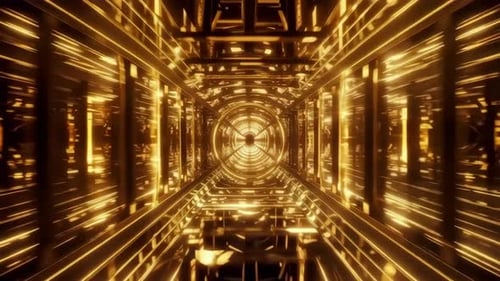 Golden SciFi Tunnel with Glowing Lights Abstract Loop