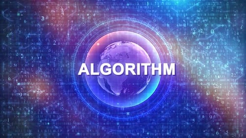 Algorithm Concept on Futuristic Cyberspace Background with HUD, Numbers, and Globe