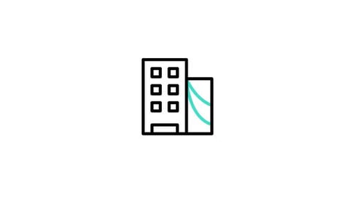 Animated Corporate Building Icon with Data Flow