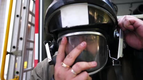 Firefighter Adjusts Safety Helmet for Emergency