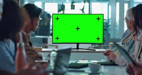 Business people, meeting and presentation with green screen for video conference