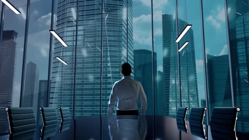 Brand Engagement Businessman Working in Office Among Skyscrapers Hologram Concept