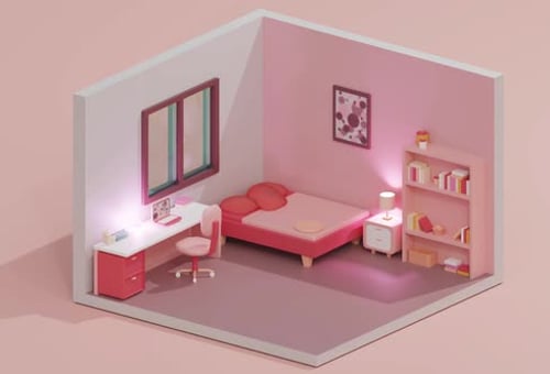 Acogedora habitación rosa con escritorio y estantería