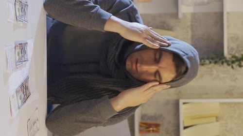 Stressed Man Counting Money at Table