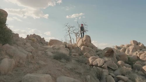 Young Punk musician stands atop of large rock amidst desert barren landscape