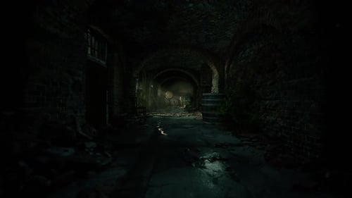 Dark and Eerie Underground Tunnel Illuminated By Faint Light