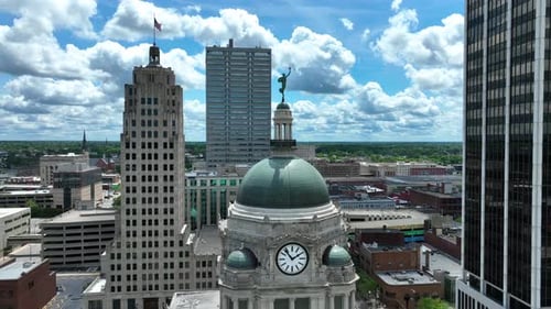 Allen County Courthouse in downtown Fort Wayne, Indiana. Aerial orbit on beautiful summer day.