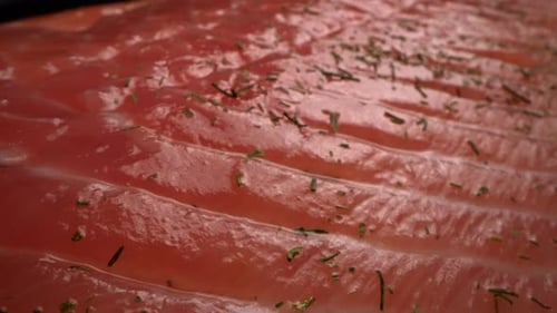 Raw Salmon Fillet on Dark Background Wild Atlantic Red Fish Steak Trout with Spices Seafood and