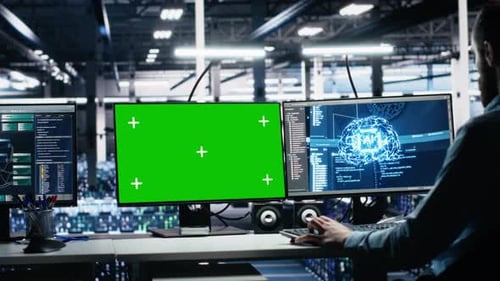 Server Room Technician Using AI on Green Screen PC