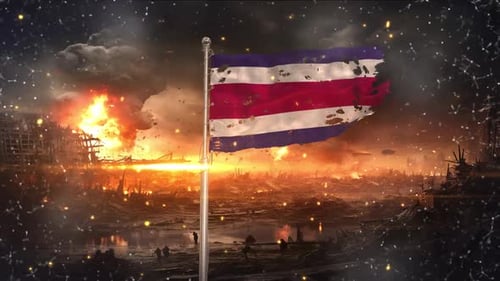 Tattered Flag with Explosion in Ruined Burning City Reveal