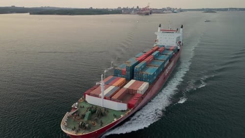 Container Ship Navigating Open Waters With Export Cargo Aerial Ocean View