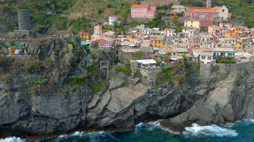 Aerial 4K footage of Vernazza, Cinque Terre in Italy.