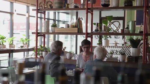 Daughter Talking with Senior Parents in Cafe Adult Offspring
