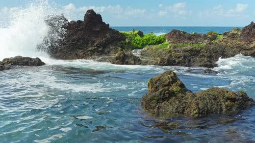 Ocean Waves Crashing on Rocky Coastline