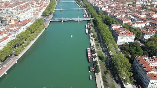 Aerial view of Rhone river and bridges, France.