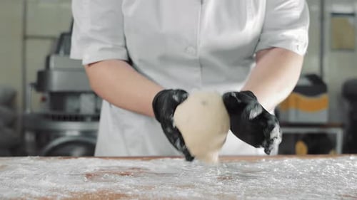 Person Kneading Dough at a Commercial Bakery