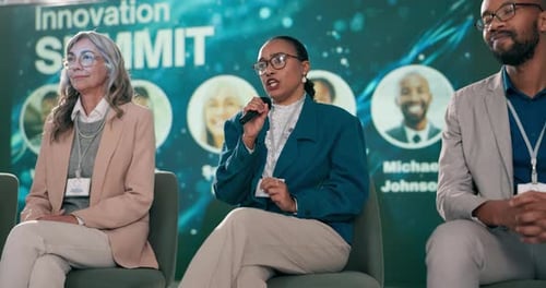 People, microphone and diversity for business summit as presenter, guest