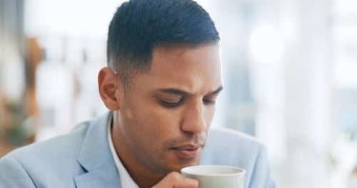 Thinking, face and business man with coffee in office for problem solving, solution and planning