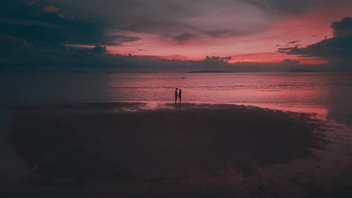 Happy Couple Looking at Each Other Holding Hands on Beach Enjoying Honeymoon in Nature Silhouette at