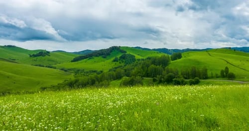 Mountain Meadow Timelapse at the Summer or Autumn Time Wild Nature and Rural Field Fast Clouds