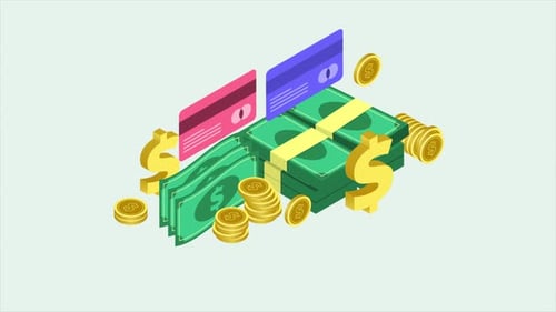 Animated Isometric Money and Credit Cards with Dollar Signs