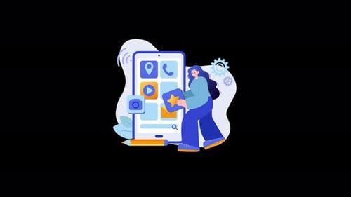 Woman interacting with mobile app in a modern, digital environment