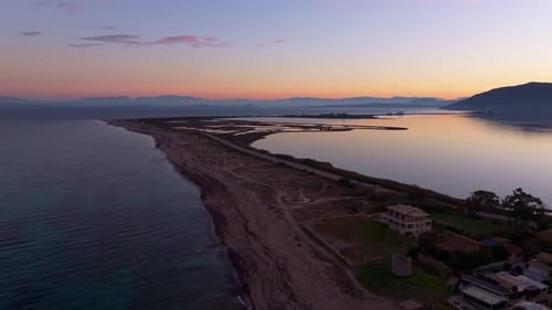 Aerial view of lefkada windmills at sunrise, Greece.