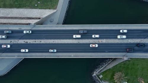 Drone view, Traffic movement on the bridge, busy urban traffic, Traffic Aerial view, City traffic, 4