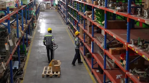 Warehouse Industrial and Logistics Companies. Dispatcher in uniform making inventory in storehouse.