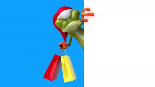 Lustiger 3D-Cartoon-Frosch mit Einkaufstaschen, Alpha-Kanal im Lieferumfang enthalten