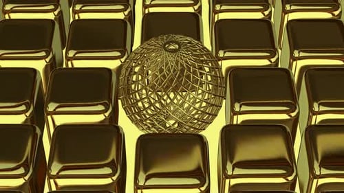 Abstract Golden Cubes Grid with Rotating Wireframe Sphere
