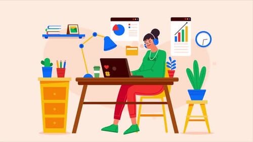 Flat Design Illustration of Person Working on Laptop with Data Analytics