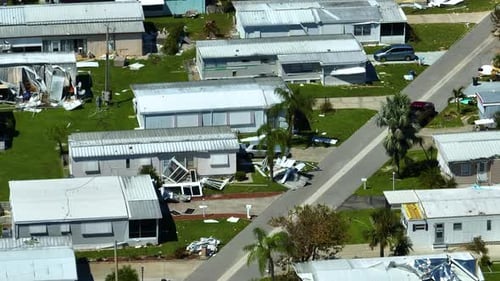 Destroyed By Hurricane Suburban Houses in Florida Mobile Home Residential Area Consequences of