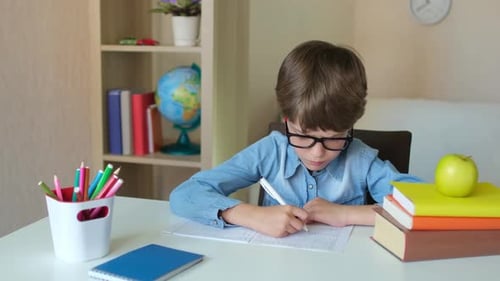 Child Boy Schoolboy Learning Writing Homework at Home Making Notes Education School Child Writing