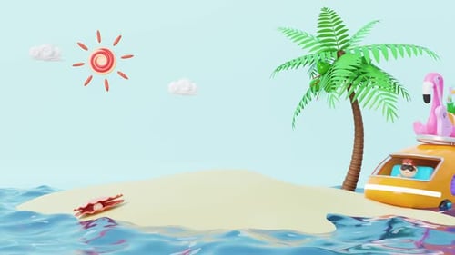 Colorful Cartoon Camper Van on Tropical Island